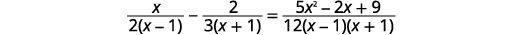 An algebraic equation showing the difference of two rational expressions equal to a third rational expression. The equation is x/(2(x-1)) - 2/(3(x+1)) = (5x^2 - 2x + 9)/(12(x-1)(x+1)).