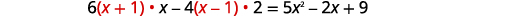 A mathematical equation is displayed on a white background: 6(x+1)x - 4(x-1)2 = 5x^2 - 2x + 9. Some parts of the equation, specifically the variables 'x' within parentheses and the '1's, are highlighted in red.