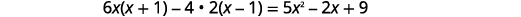 A mathematical equation is displayed on a white background: 6x(x+1) - 4 * 2(x-1) = 5x^2 - 2x + 9. The numbers and variables are in a dark gray font.