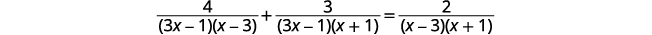 An algebraic equation showing the sum of two fractions equaling a third fraction: 4 over (3x-1)(x-3) plus 3 over (3x-1)(x+1) equals 2 over (x-3)(x+1).