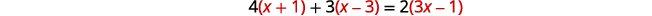 A mathematical equation is displayed, showing '4(x+1) + 3(x-3) = 2(3x-1)'.