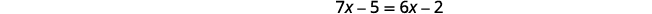 A mathematical equation is displayed on a white background, reading '7x - 5 = 6x - 2' in black text.