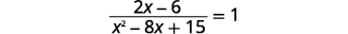 A rational equation is displayed: (2x - 6) / (x^2 - 8x + 15) = 1. The equation involves a linear expression in the numerator and a quadratic expression in the denominator, set equal to 1.