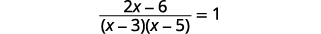 The image displays a mathematical equation: a fraction with (2x - 6) in the numerator and the product of (x - 3) and (x - 5) in the denominator, set equal to 1. This is a rational equation to be solved for x.