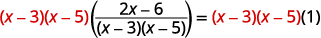 An algebraic step demonstrating the multiplication of both sides of an equation by the common denominator (x-3)(x-5) to eliminate the rational expression.