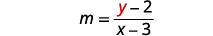 A mathematical equation shows the slope 'm' defined as a fraction: (y - 2) over (x - 3). The variable 'y' in the numerator is highlighted in red.