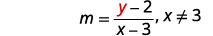 A mathematical equation for slope is shown as m = (y - 2) / (x - 3), with the condition x ≠ 3 to prevent division by zero. The variable 'y' is highlighted in red.