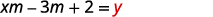 A mathematical equation is displayed, reading 'xm - 3m + 2 = y' with the 'y' highlighted in red. The equation appears in a dark gray font against a plain white background.