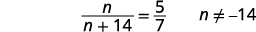 A mathematical equation displays 'n over n plus 14 equals 5 over 7' with the condition 'n is not equal to negative 14' to prevent division by zero, presented in a clean, sans-serif font.