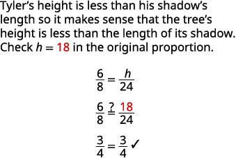 Verifying h=18 in the proportion 6/8 = h/24, simplifying to 3/4 = 3/4. This confirms the relationship between Tyler's height and shadow length, applying it to a tree's height.
