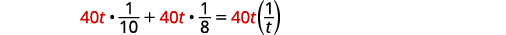 A mathematical equation is displayed on a white background, showing 40t multiplied by 1/10, added to 40t multiplied by 1/8, which equals 40t multiplied by 1/t.