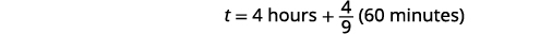 A mathematical equation shows 't = 4 hours + 4/9 (60 minutes)', calculating a total time by adding 4 hours to four-ninths of 60 minutes.