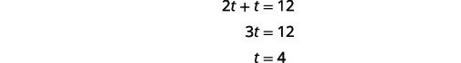 A step-by-step solution to the linear equation 2t + t = 12, showing the simplification to 3t = 12 and the final solution t = 4.
