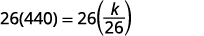 A mathematical equation is displayed: 26 multiplied by 440 equals 26 multiplied by the fraction k over 26.