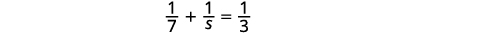 A mathematical equation showing the sum of two fractions: 1/7 + 1/5 = 1/3.