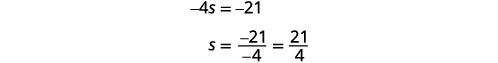 A mathematical equation showing the steps to solve for 's'. The equation -4s = -21 is solved by dividing both sides by -4, resulting in s = -21/-4, which simplifies to s = 21/4.