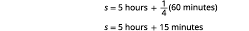 A mathematical equation showing the conversion of time: s = 5 hours + 1/4 (60 minutes) simplifies to s = 5 hours + 15 minutes, demonstrating how a quarter hour equals 15 minutes.