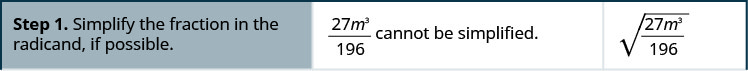 The first step in the process is to simplify the fraction in the radicand, if possible. In this example the quantity 27 m cubed in parentheses divided by 196 cannot be simplified.
