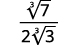 A mathematical expression displaying the cube root of 7 divided by 2 times the cube root of 3.