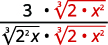 A mathematical expression showing a fraction. The numerator is 3 multiplied by the cube root of 2, then multiplied by x squared. The denominator is the cube root of (2 squared times x), multiplied by the cube root of 2, then multiplied by x squared.