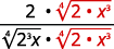 A mathematical fraction with a numerator of 2 times the fourth root of 2 times x cubed, and a denominator of the fourth root of 2 cubed x times the fourth root of 2 times x cubed.
