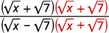 A step in rationalizing a denominator, showing multiplication by a conjugate radical expression to eliminate the square root from the denominator.