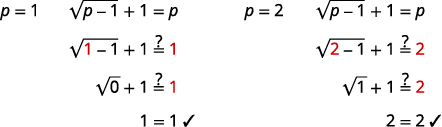 Step-by-step verification of the equation sqrt(p-1) + 1 = p, confirming its truth for p=1 and p=2 in these two examples.