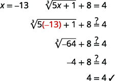Verifying that x = -13 is the correct solution for the equation cube_root(5x + 1) + 8 = 4, demonstrating step-by-step substitution and simplification to confirm the equality 4 = 4.