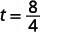 A mathematical equation shows 't = 8/4' in black text against a white background.