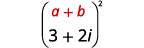 A mathematical expression showing the fraction (a + b) / (3 + 2i) squared. The numerator 'a + b' is displayed in red text.
