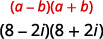 Mathematical expressions illustrating the difference of squares formula, (a - b)(a + b), and its application with complex numbers, (8 - 2i)(8 + 2i).
