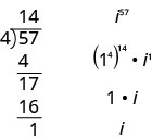 A mathematical problem demonstrating the simplification of i to the power of 57, using long division (57 / 4 = 14 remainder 1) to determine that i^57 equals i.