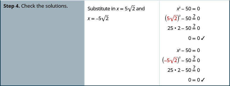 Checking solutions for a quadratic equation. Substitute x equals 5 times the square root of 5 and x equals negative 5 times the square root of 5 into the original equation to verify both are valid solutions.