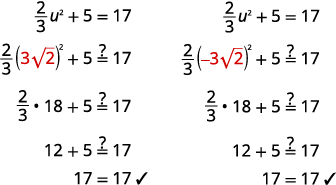 Verification of two solutions, u = 3√2 and u = -3√2, for the equation (2/3)u^2 + 5 = 17, showing step-by-step calculations that confirm both values satisfy the equation.