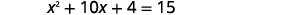 A mathematical equation is displayed on a white background. The equation reads: x squared plus 10x plus 4 equals 15.