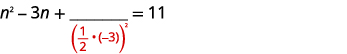 A mathematical equation illustrating the process of completing the square: n^2 - 3n + (empty numerator) / ((1/2)*(-3))^2 = 11. The term to be added to complete the square is represented by the fraction.
