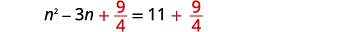 An algebraic equation is displayed: n squared minus 3n plus 9 over 4 equals 11 plus 9 over 4. This likely represents a step in completing the square for a quadratic equation.