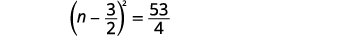 A mathematical equation shown on a white background, which reads '(n - 3/2)^2 = 53/4'
