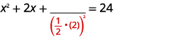 An algebraic equation showing a step to complete the square. The expression is x^2 + 2x + a fractional term with a blank numerator and (1/2 * 2)^2 in the denominator, equaling 24.