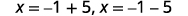Two mathematical equations are displayed on a white background: 'x = -1 + 5' and 'x = -1 - 5'. These represent two possible solutions for the variable 'x'.