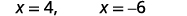 Two mathematical expressions are displayed on a white background: 'x = 4,' and 'x = -6'.