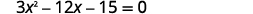 A mathematical equation reads 3x^2 - 12x - 15 = 0.