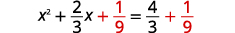 A quadratic equation displayed as x squared plus two-thirds x plus one-ninth equals four-thirds plus one-ninth, with the one-ninth terms highlighted in red on both sides.