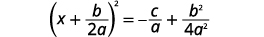 The mathematical equation (x + b/(2a))^2 = -c/a + b^2/(4a^2) is shown on a white background. It represents an intermediate step in solving quadratic equations.