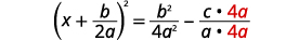 A mathematical equation illustrating a step in completing the square, showing (x + b/(2a))^2 equals b^2/(4a^2) minus (c/a) multiplied by (4a/4a).