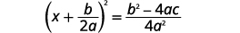 A mathematical equation shows (x + b/(2a))^2 = (b^2 - 4ac)/(4a^2), representing an intermediate step in deriving the quadratic formula by completing the square.