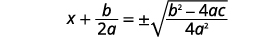 A mathematical equation shows x plus b over 2a equals plus or minus the square root of b squared minus 4ac, all divided by 4a squared, illustrating a step in deriving the quadratic formula.