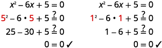 Verification of solutions for the quadratic equation x^2 - 6x + 5 = 0, demonstrating that both x=5 and x=1 satisfy the equation, resulting in 0=0.
