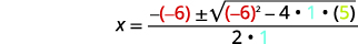 The quadratic formula, x = -(-6) ×177 sqrt((-6)^2 - 4 * 1 * 5) / (2 * 1), demonstrates the substitution of values for 'a', 'b', and 'c' to solve a quadratic equation.