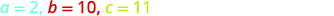 The image displays the values of three variables: a = 2, b = 10, and c = 11, written in a horizontal line with different colors for each variable and its value.